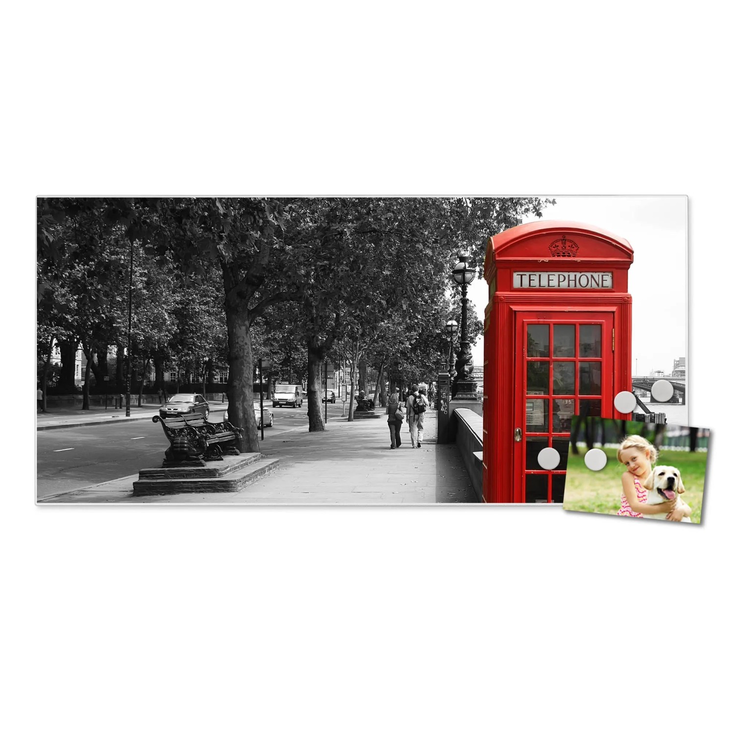 Magnettafel mit London-Motiv: Rote Telefonzelle, 78x37cm. Inkl. Magnete, ideal als Wanddekoration.