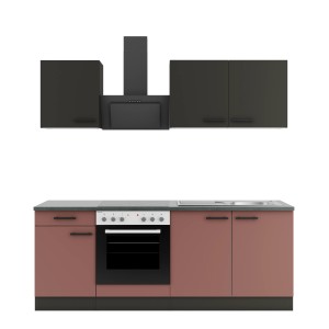 OPTIFIT Küchenzeile Madrid420/Nizza407, 210 cm, anthrazit/rostrot mit Herd und Dunstabzugshaube.