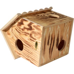 Geflammter Eichhörnchenkobel aus Kiefernholz mit drei Eingängen. Nützlingsunterkunft für den Garten.