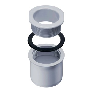 Grauer Inefa PVC Ablaufstutzen zum Schrauben für Kastenrinne, mit Dichtungsring. Für zuverlässigen Regenwasserablauf.