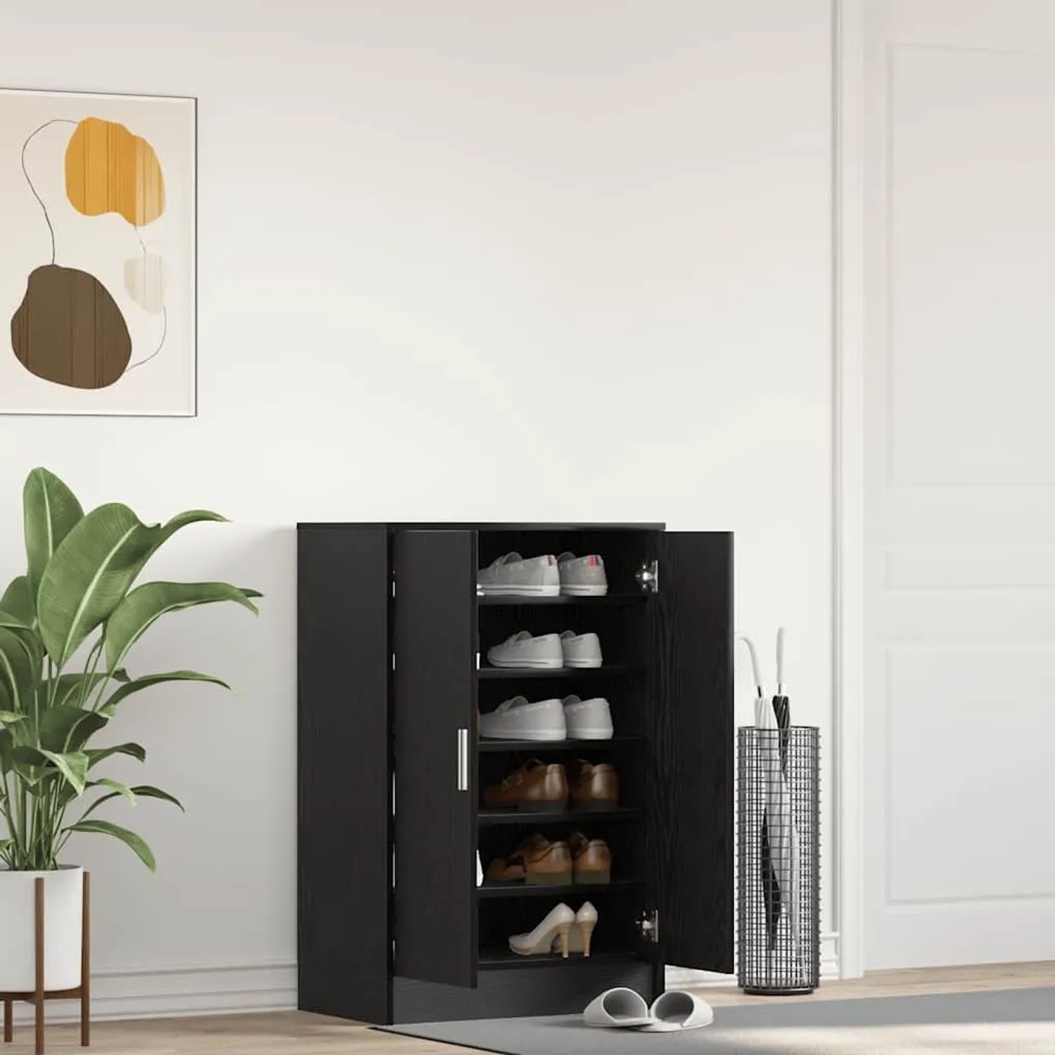 vidaXL Schuhschrank, schwarz, Eichen-Optik, mit offenen Türen und Schuhen.
