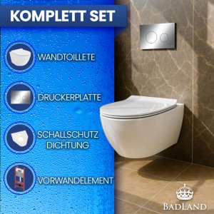 Bad Land WC-Set mit Vorwandelement, weißer Toilette und runder Chrom-Betätigungsplatte.
