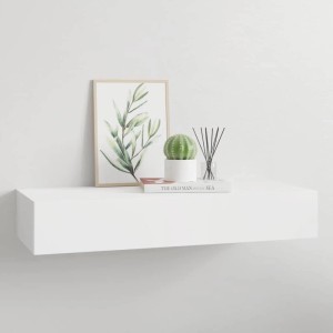 Weißes vidaXL Wandregal aus MDF mit Schublade, schwebend an heller Wand, dekoriert mit Pflanzen und Buch.
