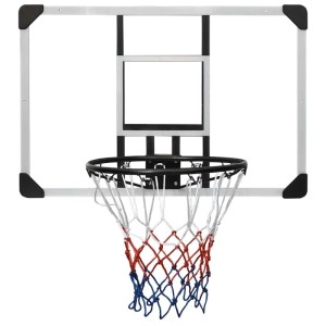 Transparenter vidaXL Basketballkorb mit Polycarbonat-Rückwand (90x60 cm), schwarzem Stahlkorb und rot-blau-weißem Nylonnetz.