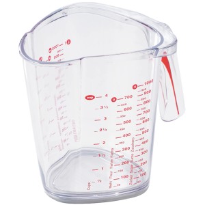 Leifheit Messbecher ComfortLine 1 l aus transparentem Kunststoff mit roten Messskalen.