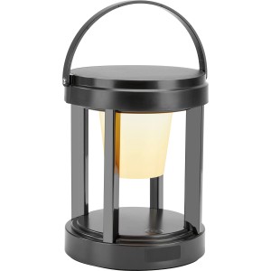Schwarze Solar-LED-Laterne, rund, Ø 13 cm, 18 cm hoch, mit Tragebügel. Warmweißes Licht.