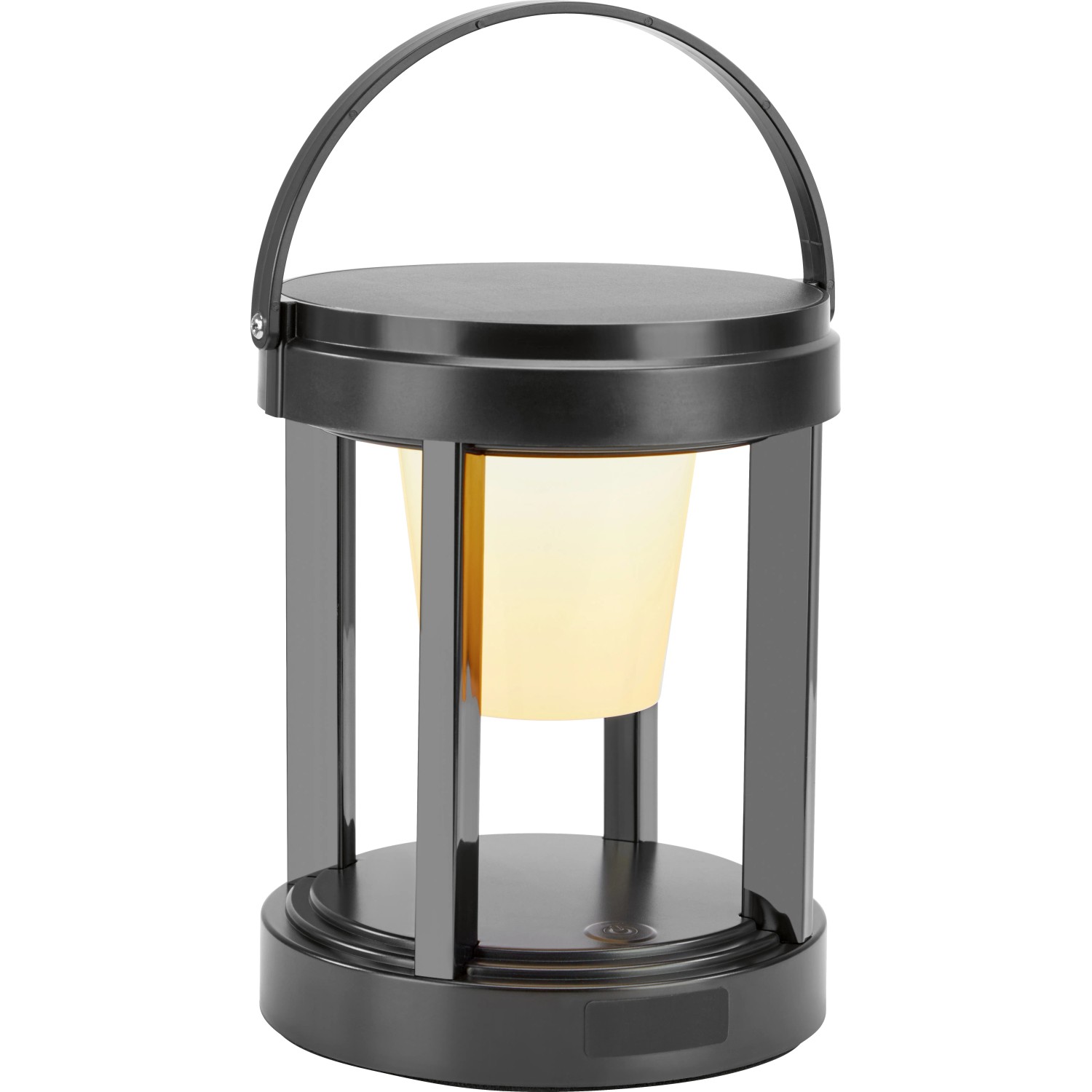 Schwarze Solar-LED-Laterne, rund, Ø 13 cm, 18 cm hoch, mit Tragebügel.