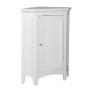 Weißer Eck-Badschrank mit Lamellentür und silbernem Griff. Freistehendes Badmöbel aus MDF für Aufbewahrung.