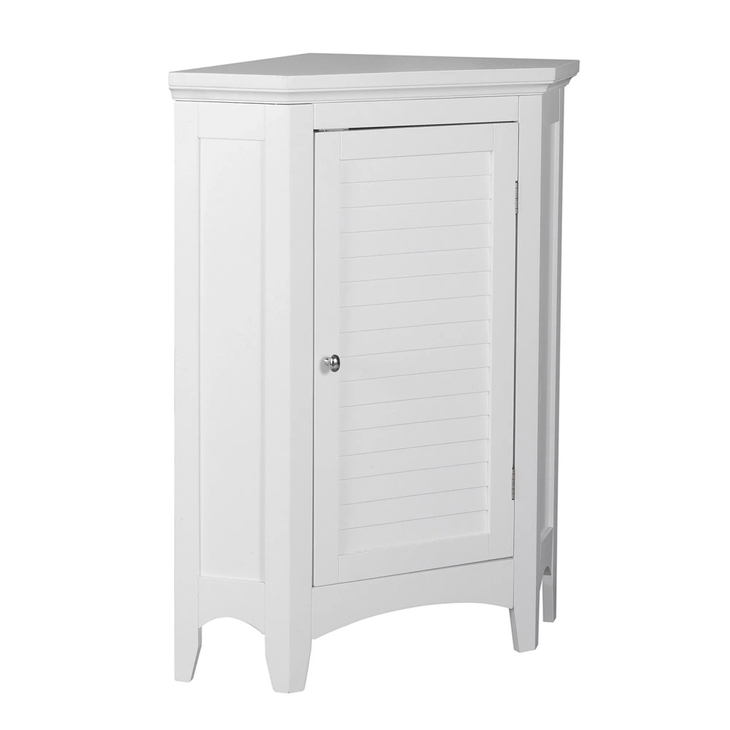 Weißer Eck-Badschrank mit Lamellentür und silbernem Griff. Freistehendes Badmöbel aus MDF für Aufbewahrung.