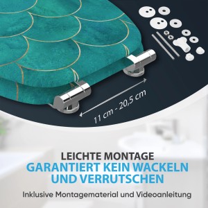 Sanilo WC-Sitz Aquarell mit Absenkautomatik, Holz, türkis mit goldenem Schuppenmuster.