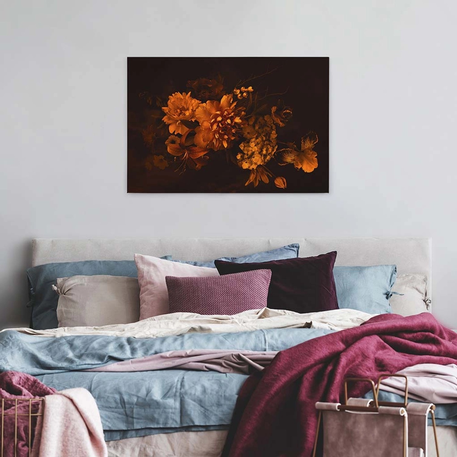 Bricoflor Canvas Bild Mit Herbstblumen In Schwarz Und Orange Vintage Leinwand Mit Hortensie Und Lilie Rosen Wandbild Ide