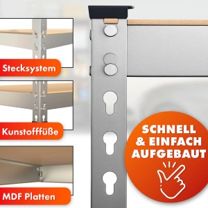 Detailaufnahme: KARAT Schwerlastregal Rhino, verzinkt, mit Stecksystem, Kunststofffüßen und MDF-Platten. Schneller Aufbau.