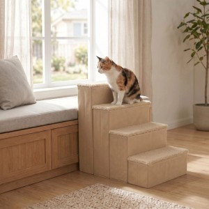 Beige Hundetreppe mit 3 Stufen und Stauraum, Katze sitzt auf oberster Stufe. Faltbare Aufstiegshilfe für Haustiere.