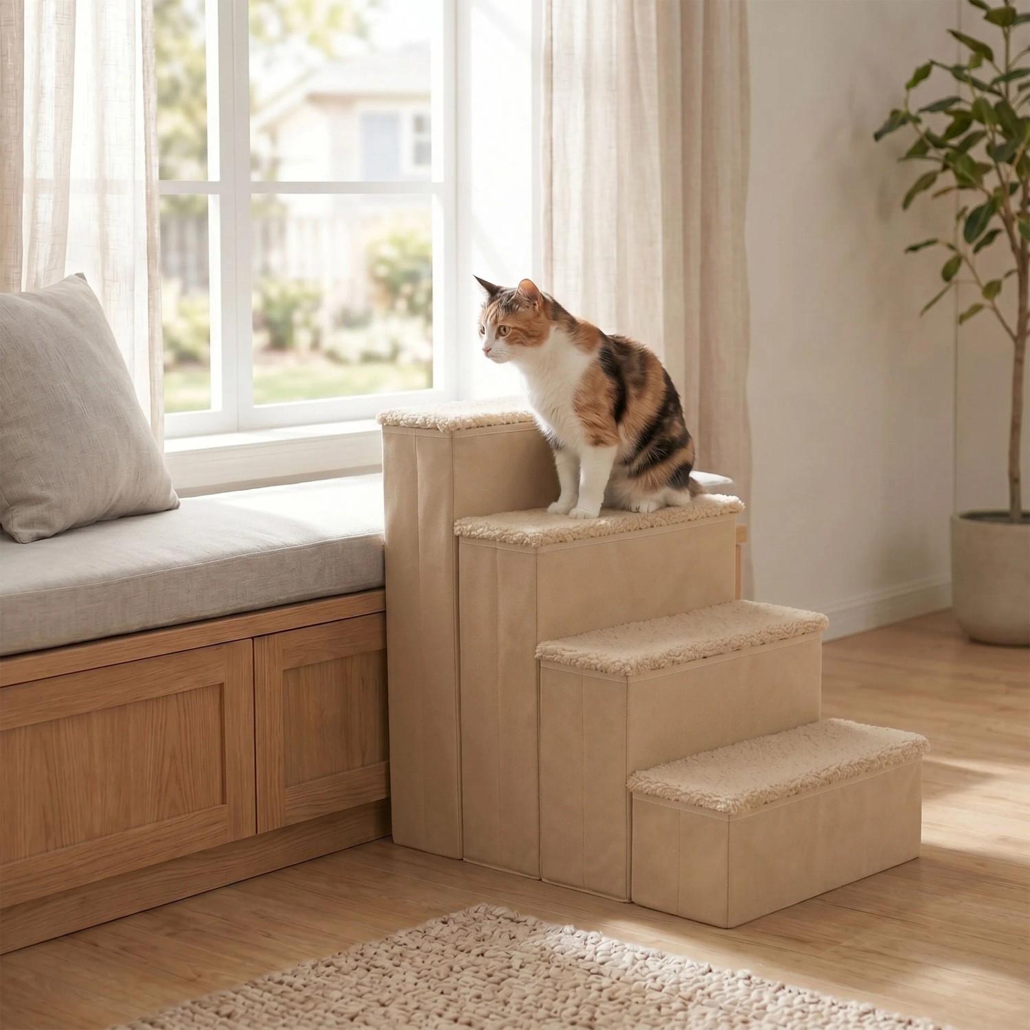 Beige Hundetreppe mit 3 Stufen und Stauraum, Katze sitzt auf oberster Stufe. Faltbare Aufstiegshilfe für Haustiere.