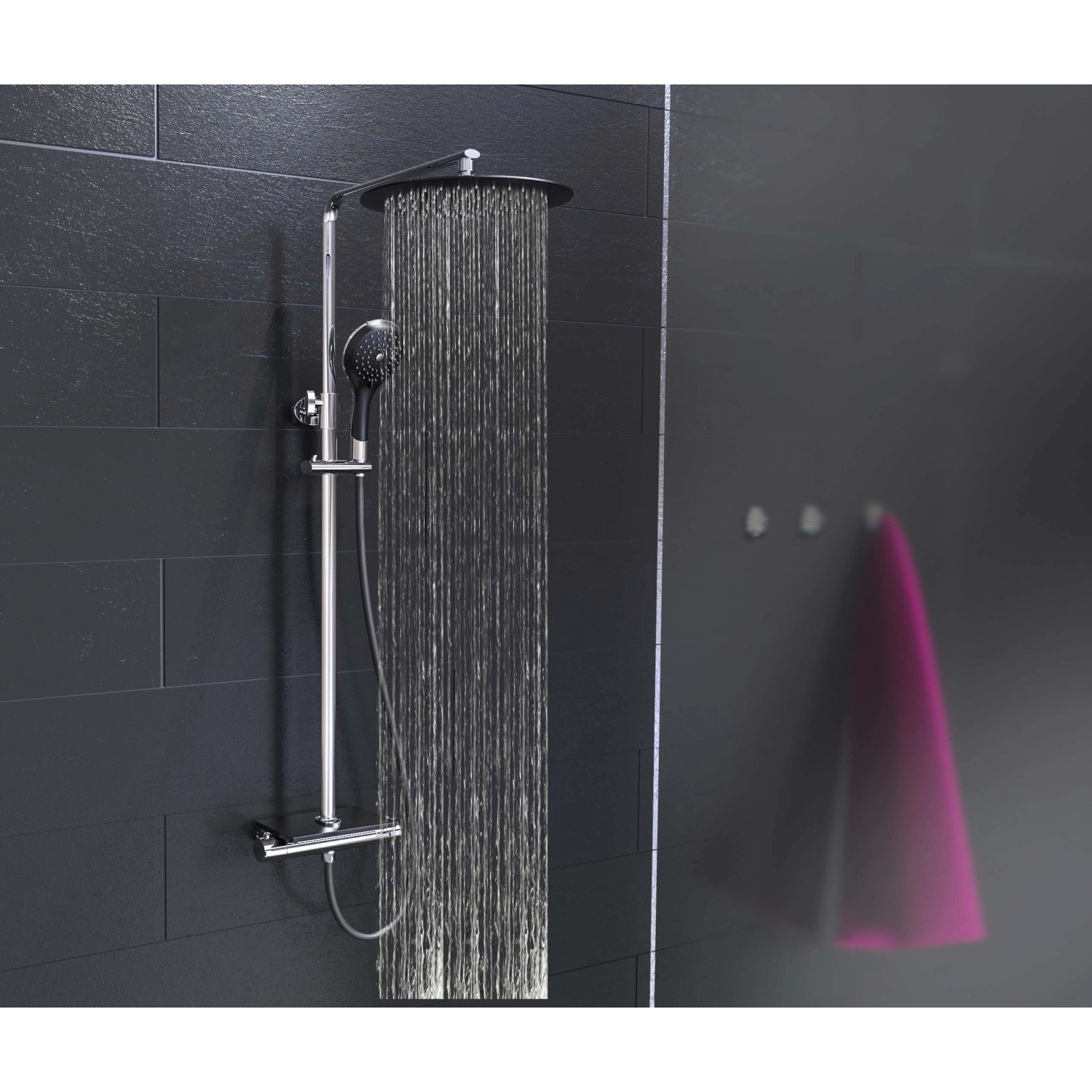 Eisl Überkopfbrause-Set Grande Vita mit Thermostatablage, Chrom-Schwarz. Duschsäule mit Kopf- und Handbrause.