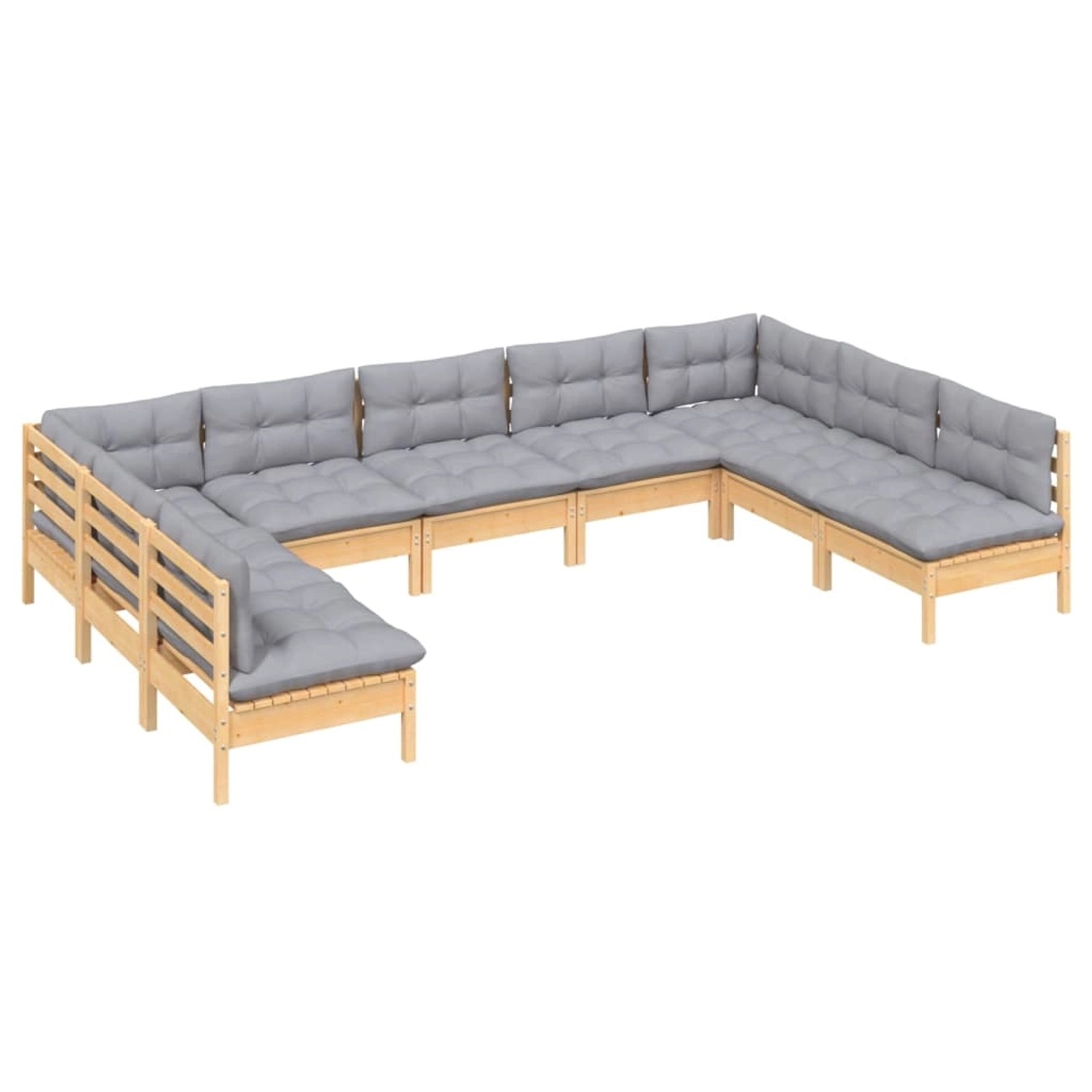 vidaXL 9-teiliges Garten-Lounge-Set aus Kiefernholz mit grauen Kissen.