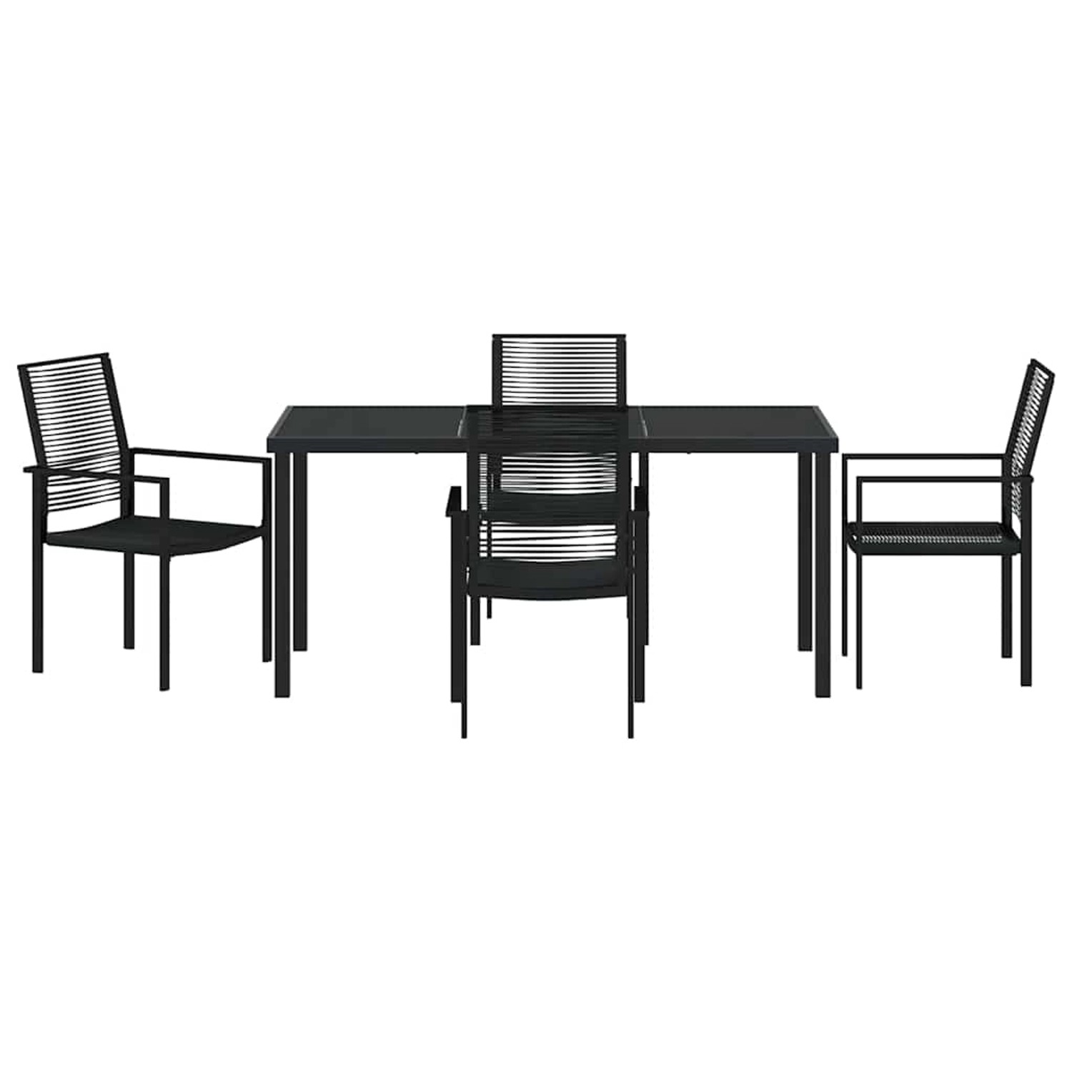Schwarzes 5-teiliges vidaXL Garten-Esszimmer-Set aus PVC-Rattan mit Tisch und vier Stühlen.