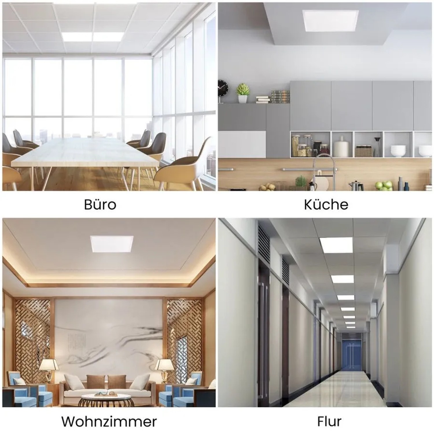 ENOVALITE LED Panel in verschiedenen Räumen: Büro, Küche, Wohnzimmer, Flur. Rasterdeckenleuchte.