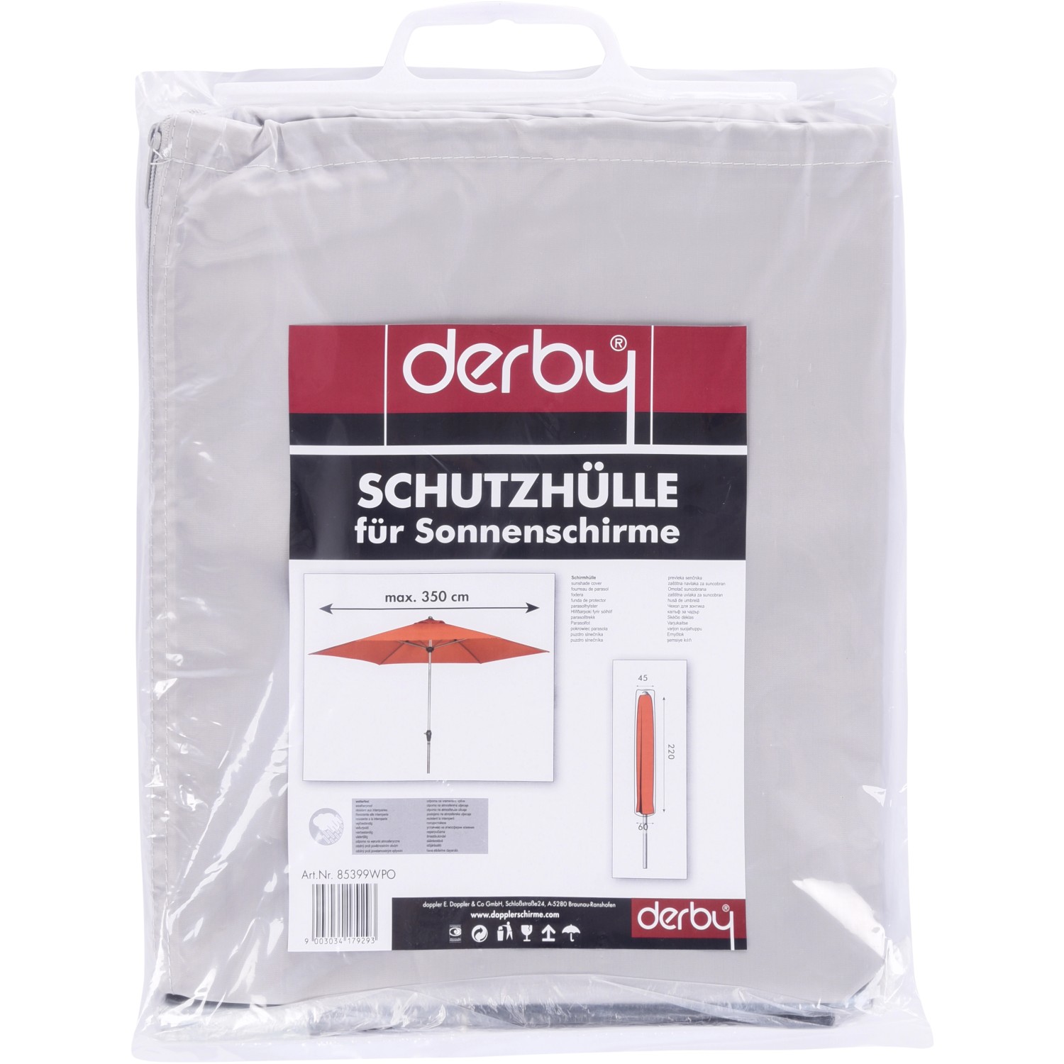 Derby Schirmhülle Basic Hellgrau für Sonnenschirme bis 250cm, wetterfest.