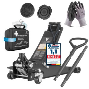 STAHLWERK Wagenheber WHB-73 ST mit Zubehör: Gummiauflagen, Handschuhe und Verbandstasche für Lack- und Karosseriereparatur.