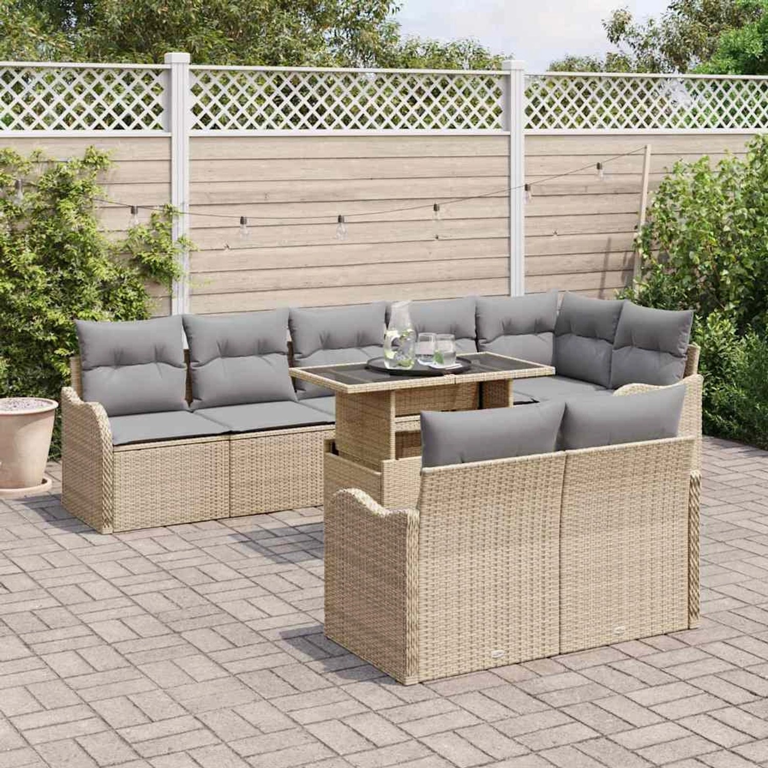 vidaXL Garten-Sofa-Set mit Kissen 9-Tlg Beige Poly Rattan 3348486 günstig online kaufen
