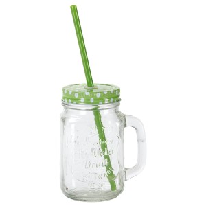 Trinkglas mit Henkel, grünem Deckel und Trinkhalm, 500 ml.
