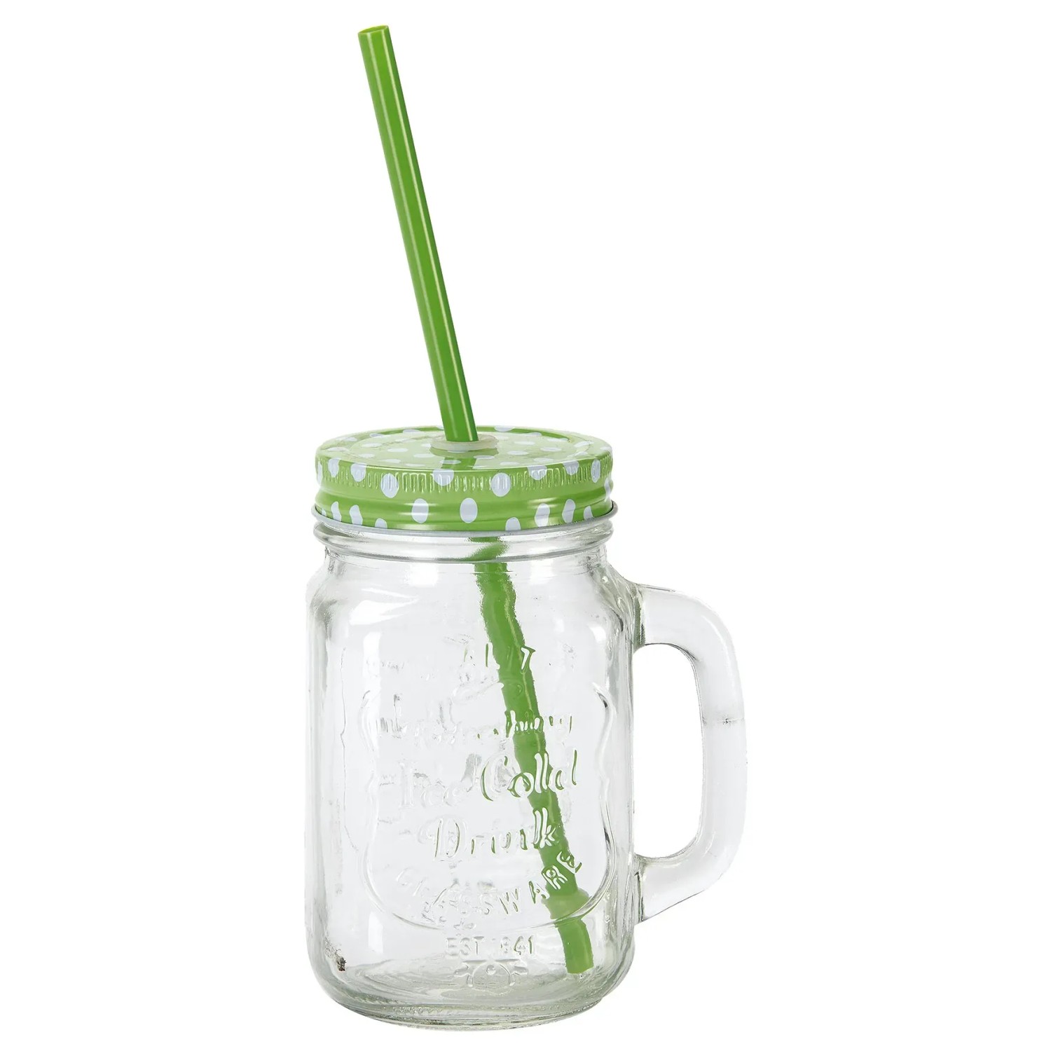 Trinkglas mit Henkel, grünem Deckel und Trinkhalm, 500 ml.