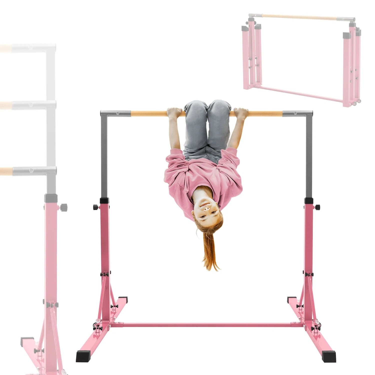 Pinkes, höhenverstellbares Gymnastik Turnreck. Kind turnt kopfüber. Faltbares Sport- & Fitnessgerät.