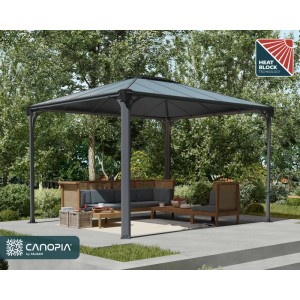 Canopia Gartenpavillon Martinique 3 x 3.6 m in Anthrazit mit Sitzgruppe im Garten.