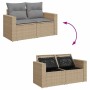 Beige 7-tlg. Garten-Sofagarnitur aus Rattan mit Kissen und Stauraum unter den Sitzen.