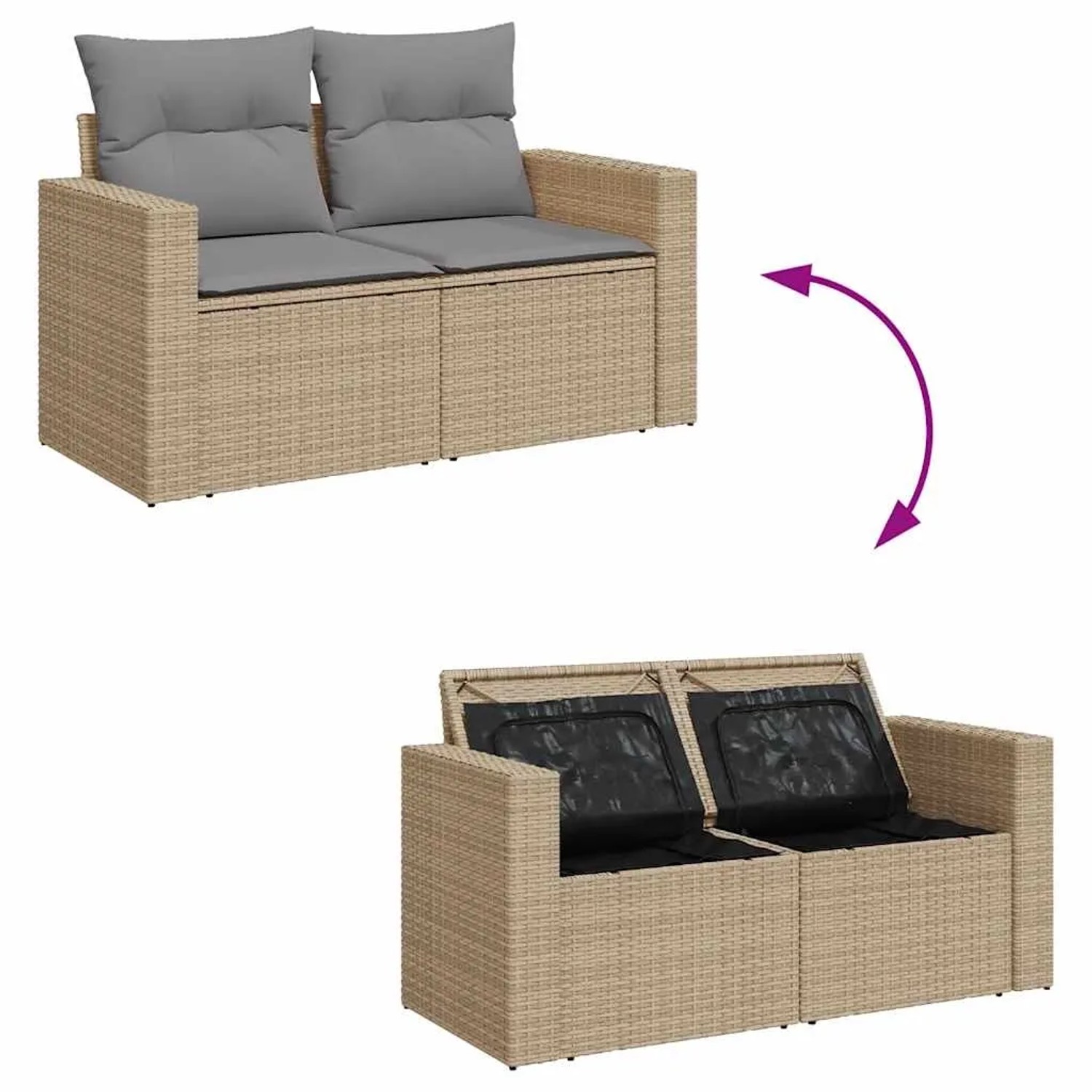 Beige 7-tlg. Garten-Sofagarnitur aus Rattan mit Kissen und Stauraum unter den Sitzen.