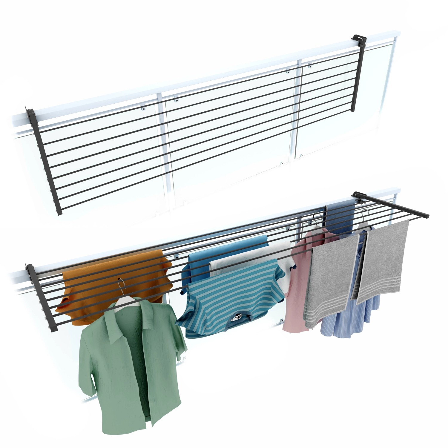 Foxydry Wäscheständer für Balkongeländer, beidseitig klappbar, wetterfest, 202 cm, grau mit Wäsche.