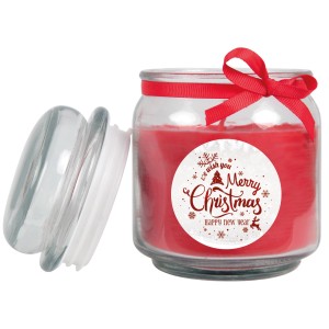 Rote HS Candle Duftkerze im Glas mit Weihnachtsdekor und Schleife, 70h Brenndauer.