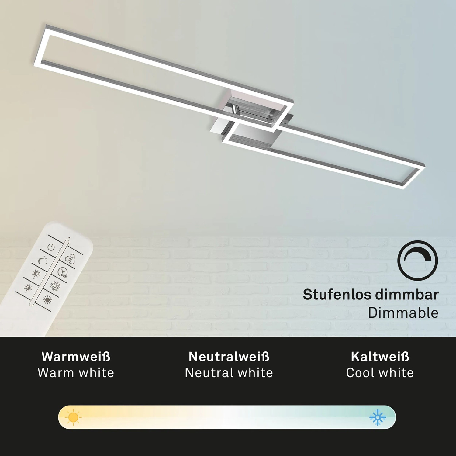 Dimmbare LED Deckenleuchte Frame, 110cm, Chrom-Alu mit Fernbedienung zur Farbtemperatursteuerung.