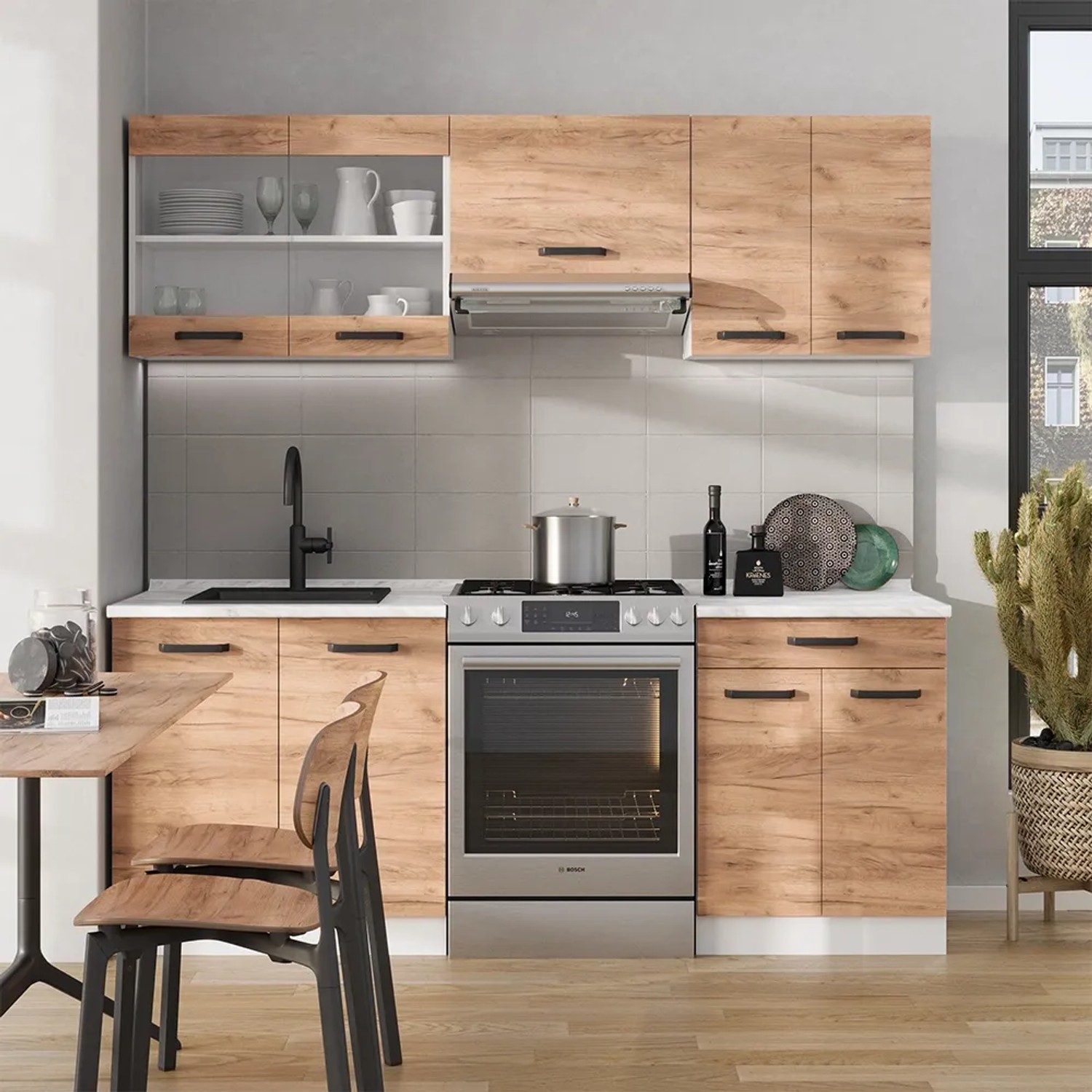 Vicco R-Line Küchenzeile in Goldkraft Eiche/Weiß, 200 cm breit, mit Arbeitsplatte.