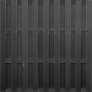 Anthrazitfarbener WPC Sichtschutzzaun Emden, 180x180 cm, mit Bretterzaun-Optik und vier Querriegeln.
