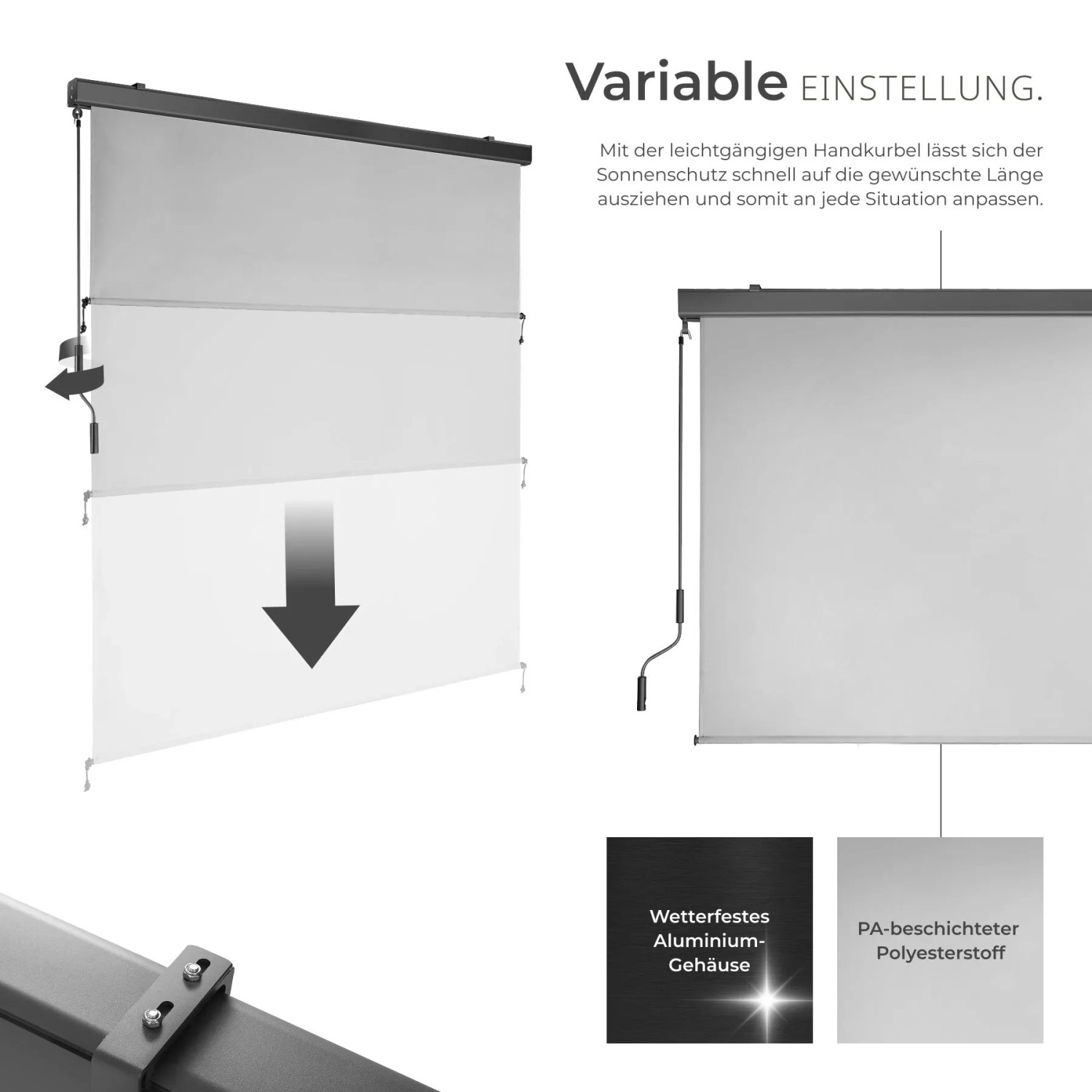 Hellgraue Tectake Senkrechtmarkise Eloise, ausziehbar mit Handkurbel. Aluminiumgehäuse, UV-beständiger Polyesterstoff.