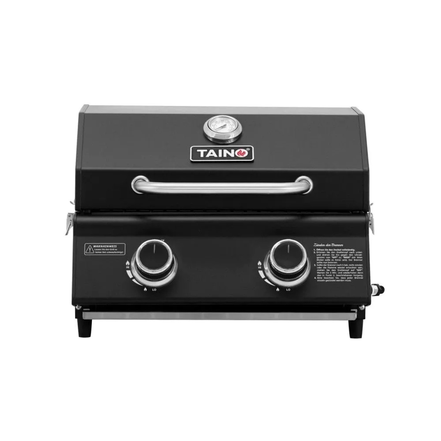Kompakter schwarzer Taino Gas-Tischgrill mit 2 Edelstahlbrennern, Reglern und Thermometer. Ideal für Camping & Balkon.