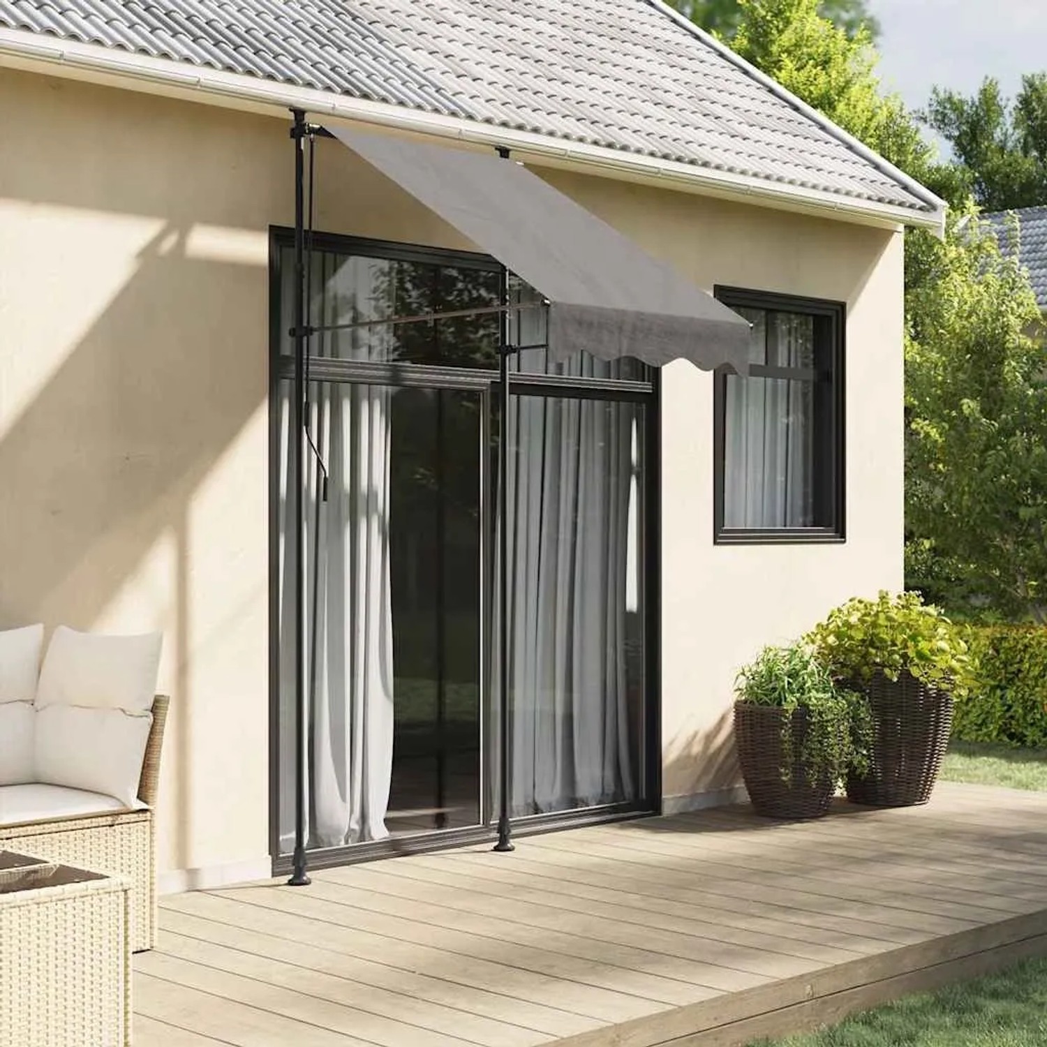 Anthrazitfarbene vidaXL Markise (100x150 cm) aus Stoff und Stahl am Haus montiert.