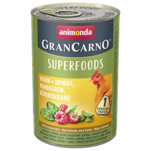 Animonda Gran Carno Superfoods Hundenassfutter mit Huhn, Spinat, Himbeeren und Kürbiskernen, 400g Dose.