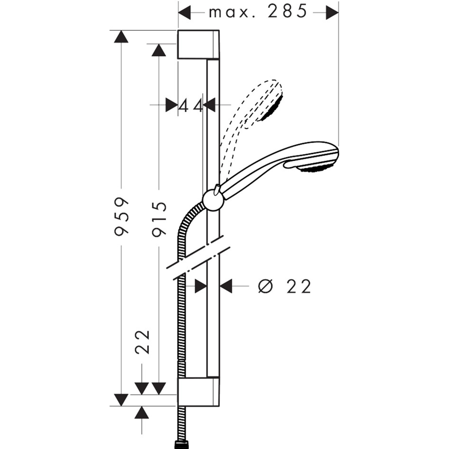 Technische Zeichnung Hansgrohe Crometta 85 Vario Brauseset mit Maßen.