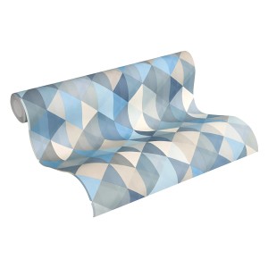 Blaue Vliestapete mit geometrischem Muster in Grau und Beige. Dekorative Tapete für Wohnräume.