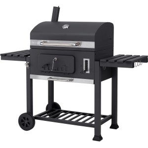 Tepro Holzkohle Grillwagen Toronto XXL in Anthrazit-Edelstahl mit Ablageflächen und Thermometer.