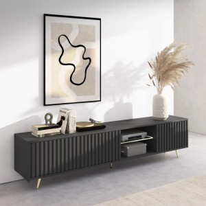 TV-Lowboard Bello 175 cm Schwarz / Lamellen mit LED und Goldenen Beinen