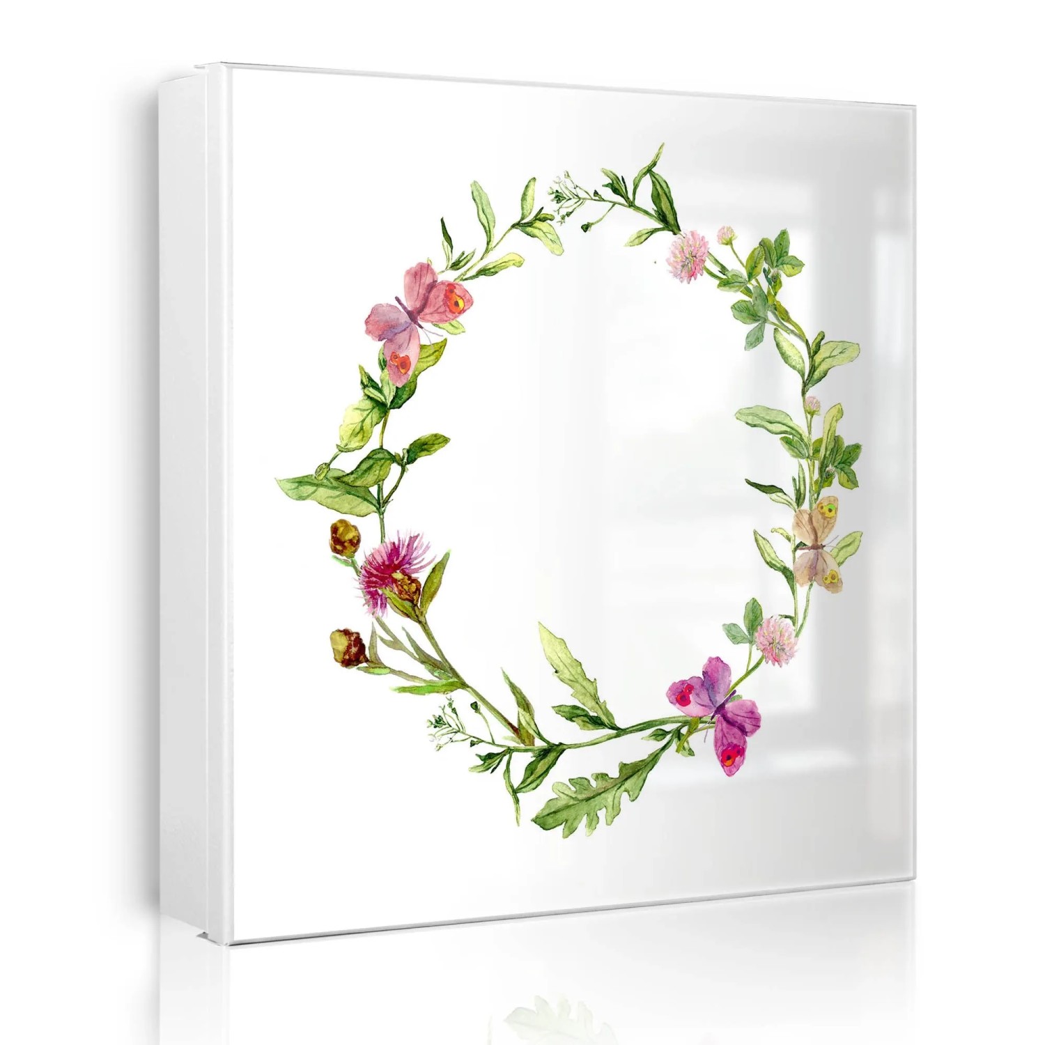 Banjado Großer Schlüsselkasten Metall 30x30cm Weiß Scharnier Links 50 Haken Beschreibbar Magnetisch Motiv Aquarell Blumenring