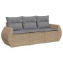 Beige 3-tlg. Garten-Sofagarnitur aus Poly Rattan mit hellgrauen Kissen.