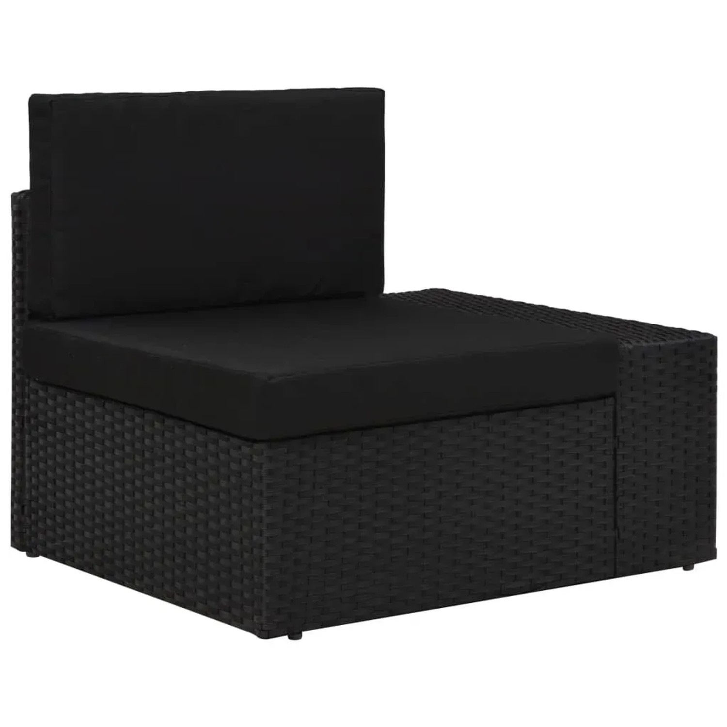 Schwarzes vidaXL Garten-Lounge-Set aus Poly Rattan, Eckteil mit Kissen.