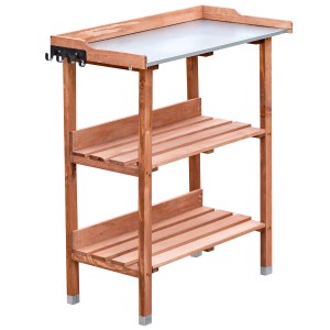NYVI Pflanztisch aus Holz, braun, mit verzinkter Arbeitsplatte und zwei Ablageböden.