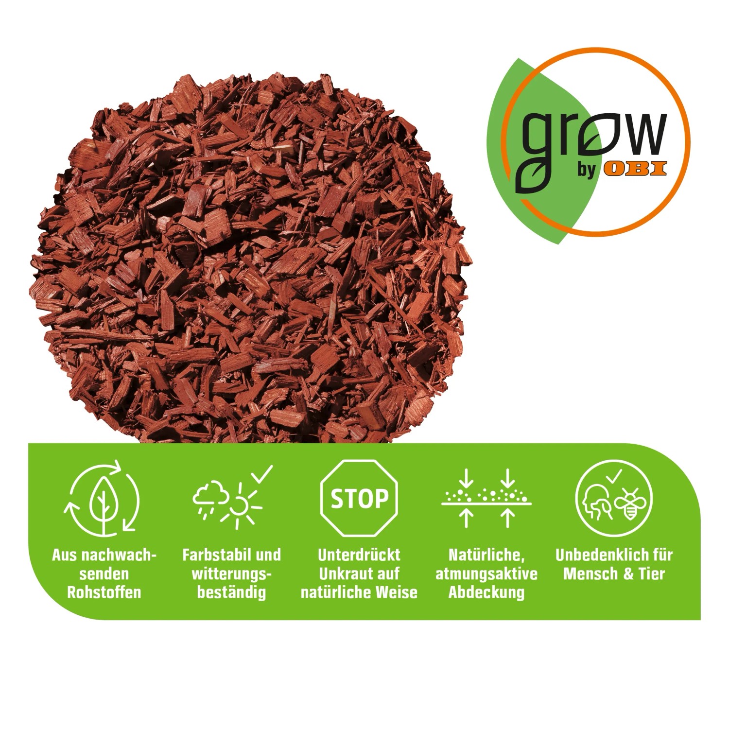 Gartendekor Mahagoni von GROW by OBI, rot gefärbter Dekormulch aus Holzschnitzeln.