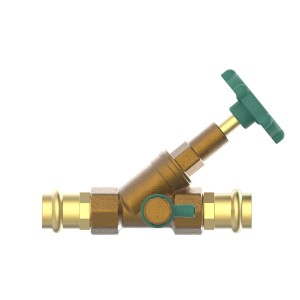 Kirchhoff Schrägsitzventil 22 mm mit Entleerung für Pressfittings in Messing-Optik.